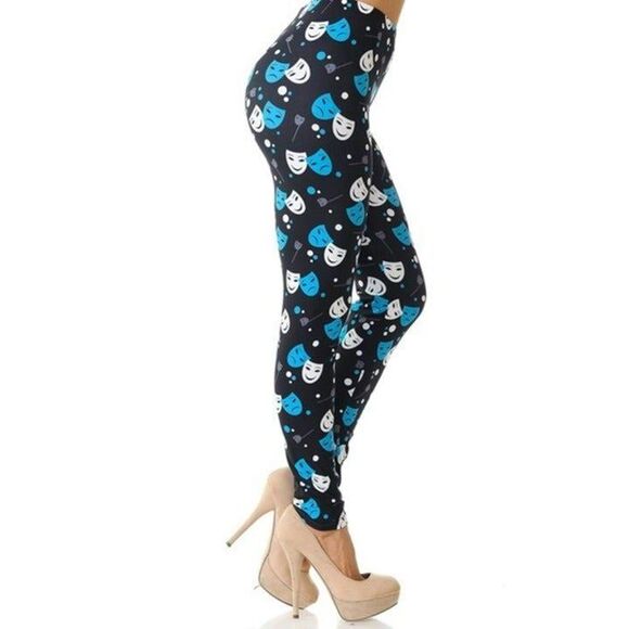 Plus Size All Over Blue and White Comedy‎ Tragedy Mask Legging Print - Picture 8 of 9